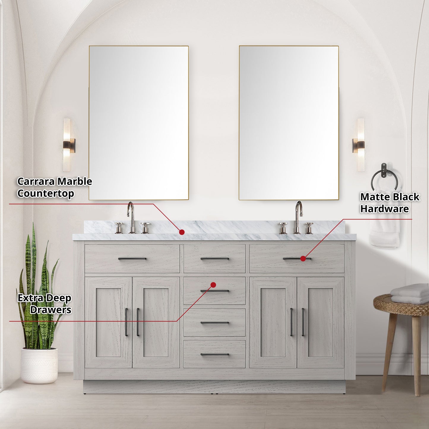 Abbey 60 in W x 22 in D White Oak Double Bath Vanity