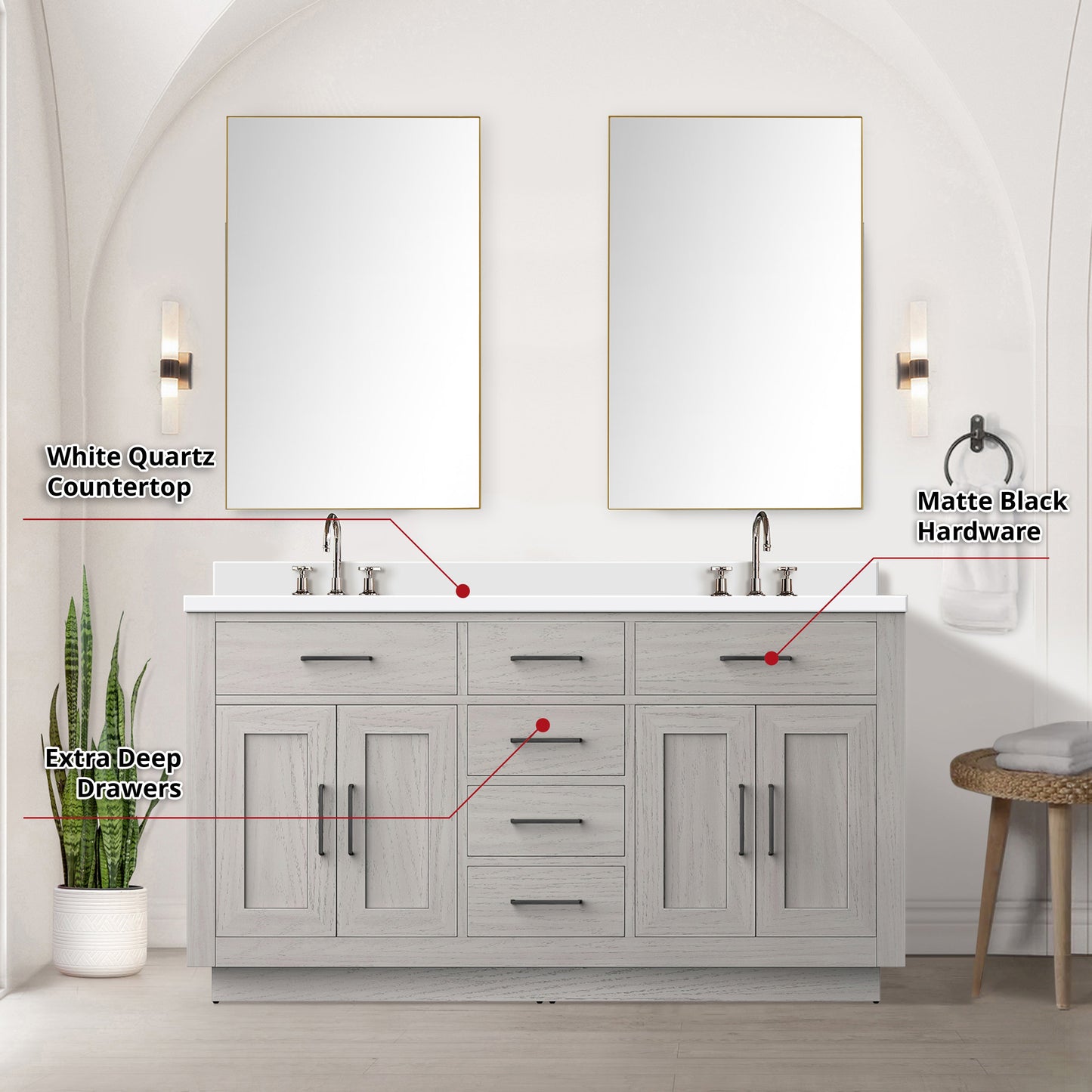 Abbey 60 in W x 22 in D White Oak Double Bath Vanity