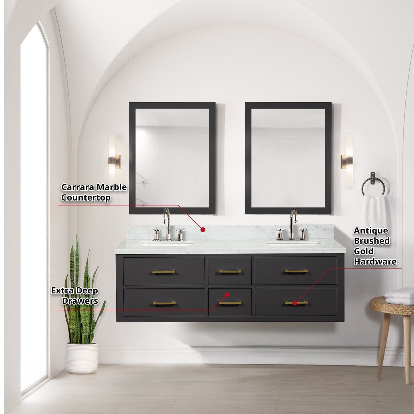 Castor 60 in W x 22 in D Black Double Bath Vanity