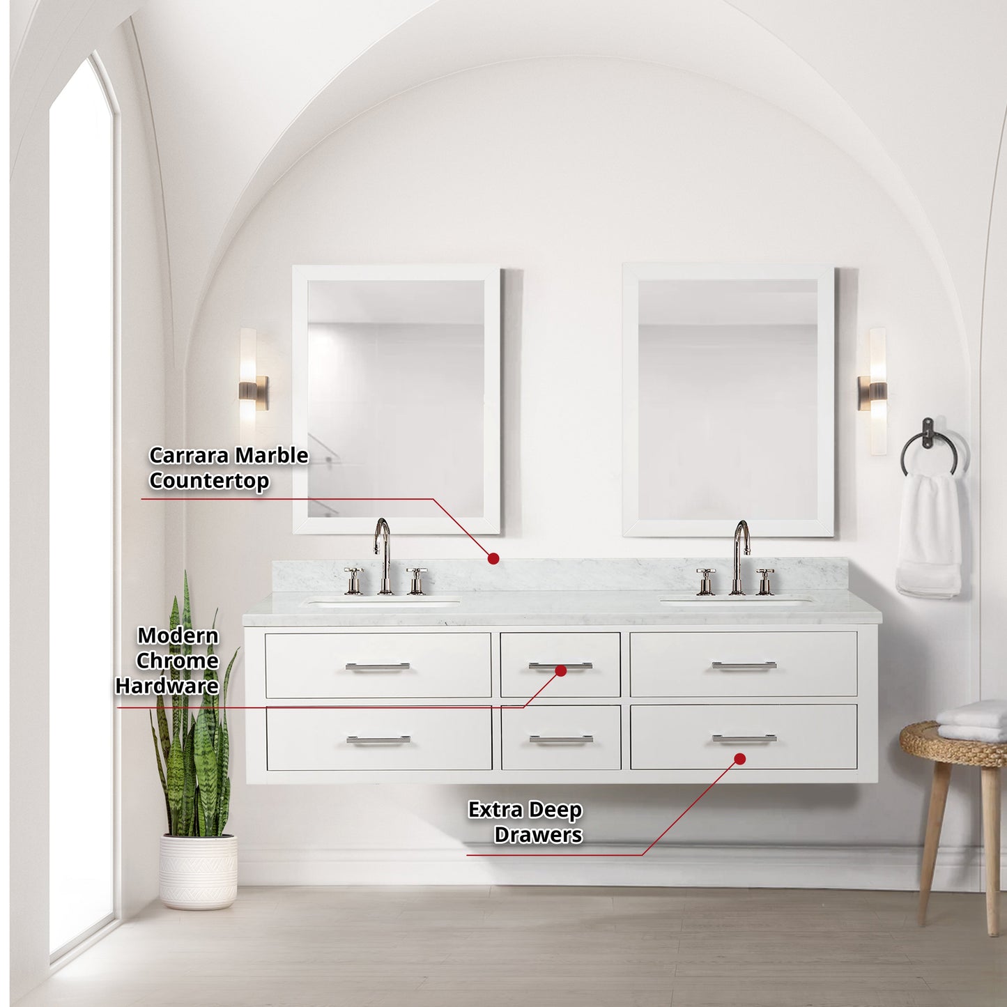 Castor 72 in W x 22 in D White Double Bath Vanity