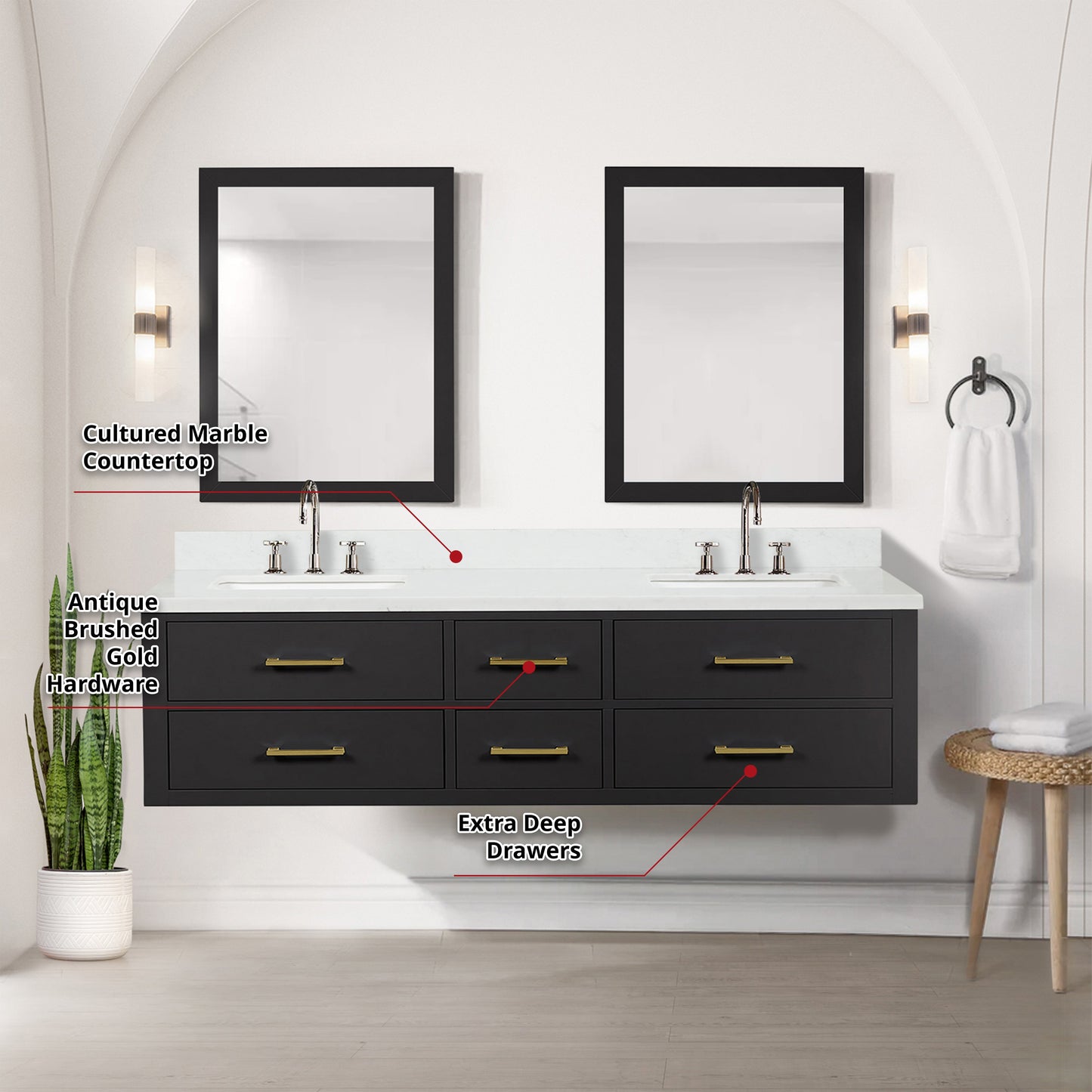 Castor 72 in W x 22 in D Black Double Bath Vanity