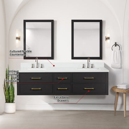 Castor 72 in W x 22 in D Black Double Bath Vanity