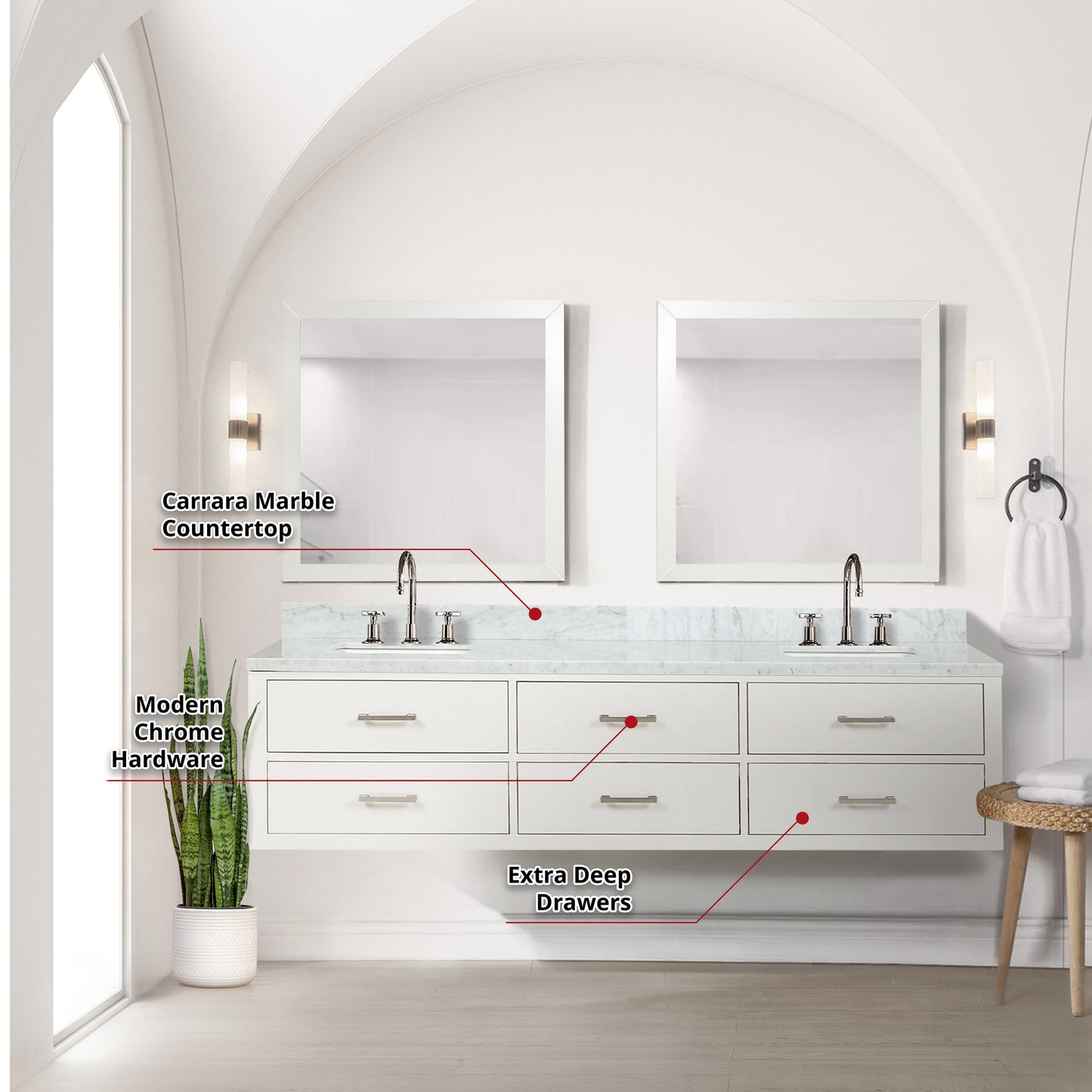 Castor 80 in W x 22 in D White Double Bath Vanity