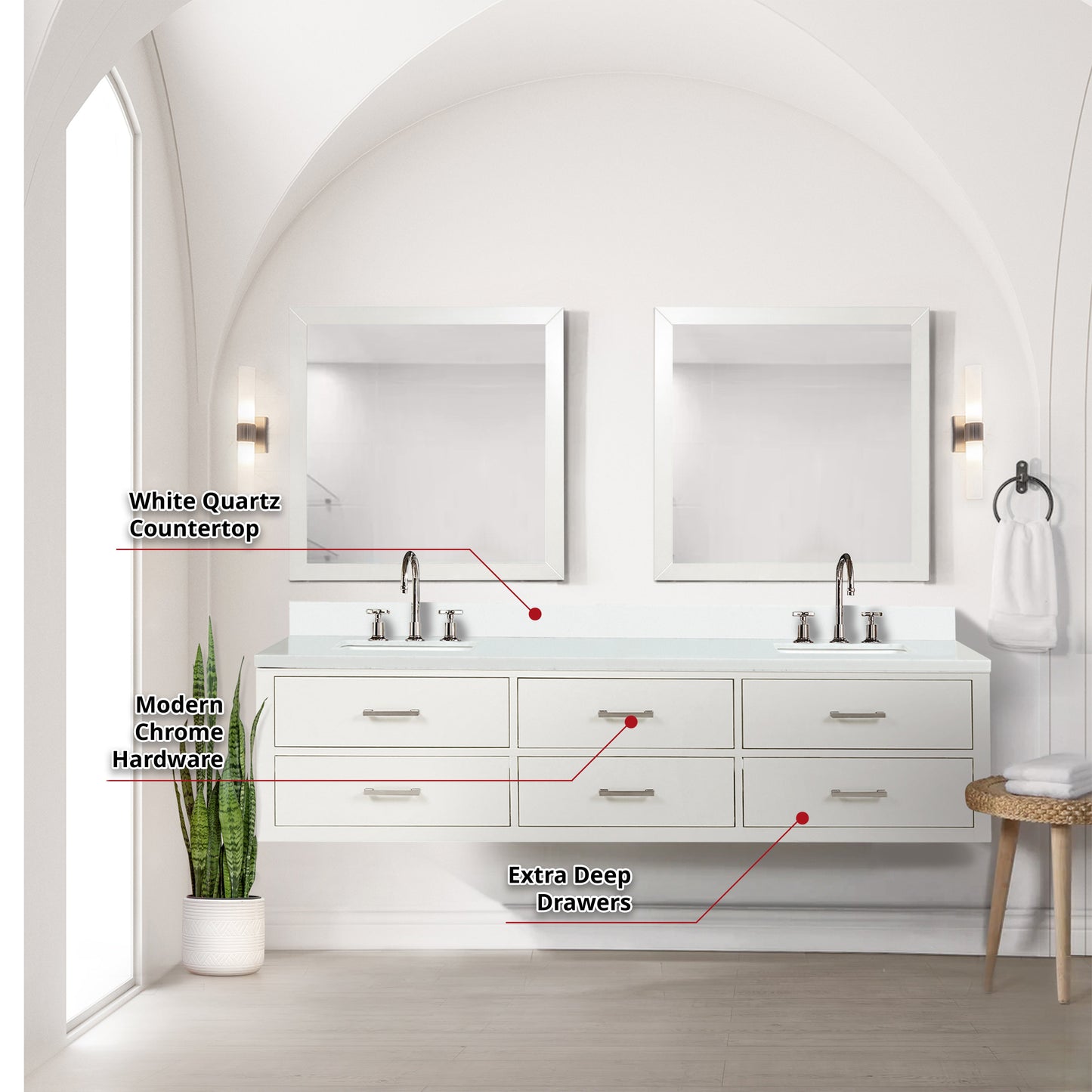 Castor 80 in W x 22 in D White Double Bath Vanity