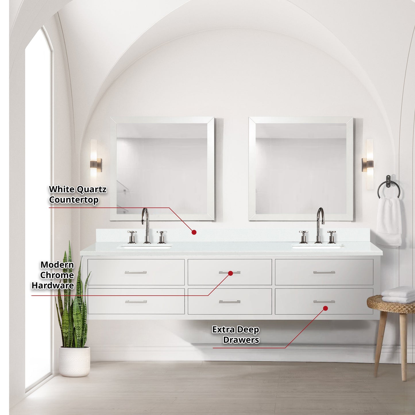 Castor 84 in W x 22 in D White Double Bath Vanity
