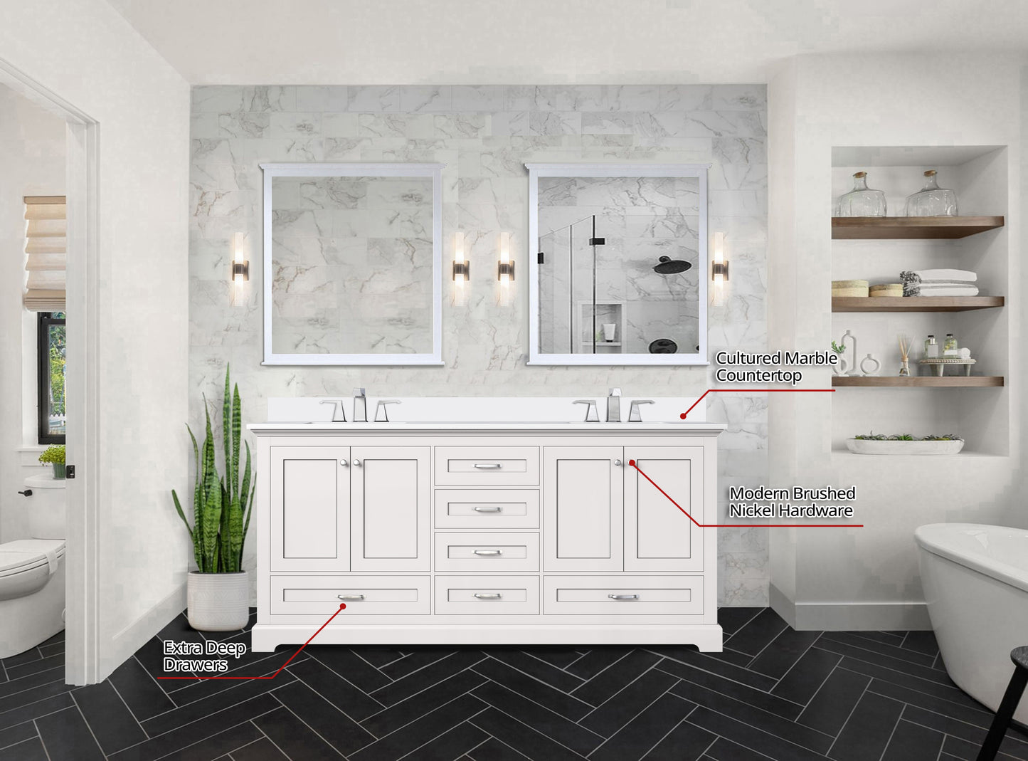 Dukes 72 in. W x 22 in. D White Double Bath Vanity and Cultured Marble Top