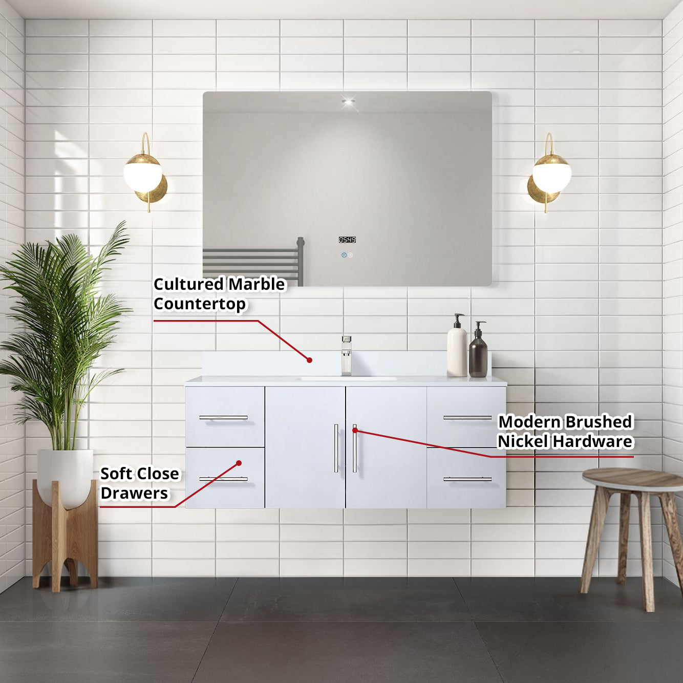 Geneva 48 in. W x 22 in. D Glossy White Bath Vanity