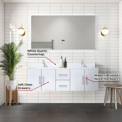 Geneva 60 in. W x 22 in. D Glossy White Double Bath Vanity