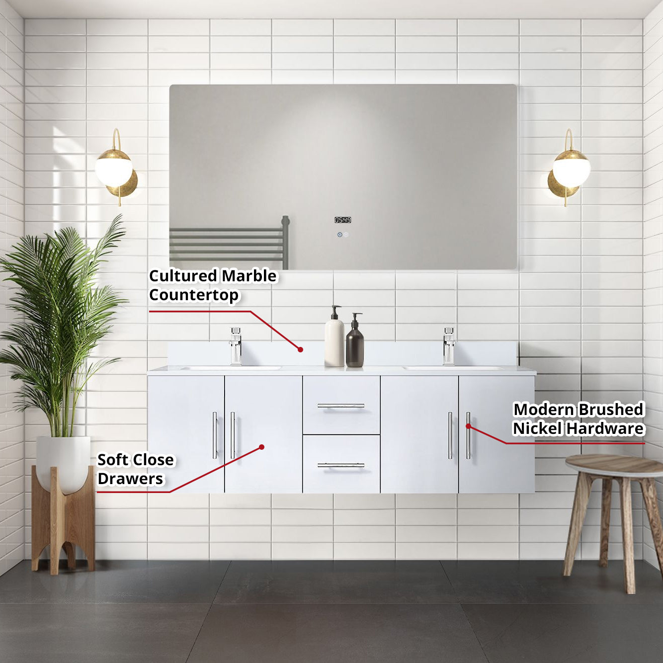 Geneva 60 in. W x 22 in. D Glossy White Double Bath Vanity