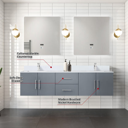 Geneva 72 in. W x 22 in. D Dark Grey Double Bath Vanity