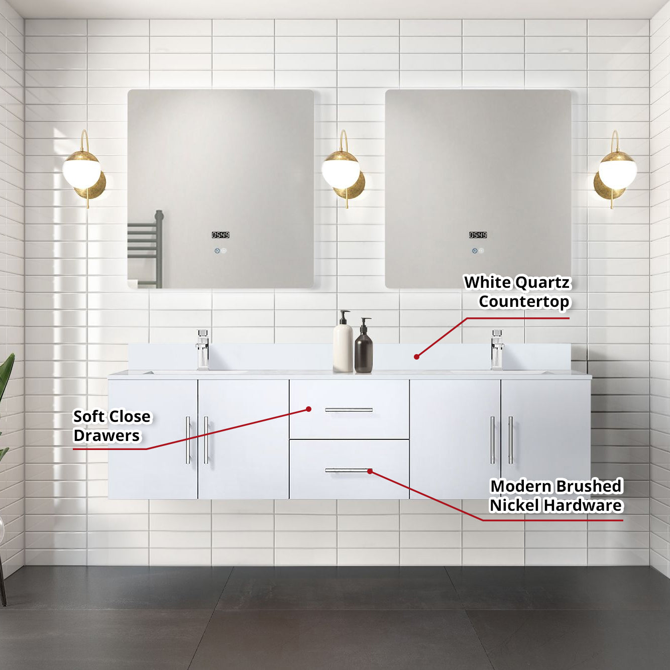 Geneva 72 in. W x 22 in. D Glossy White Double Bath Vanity