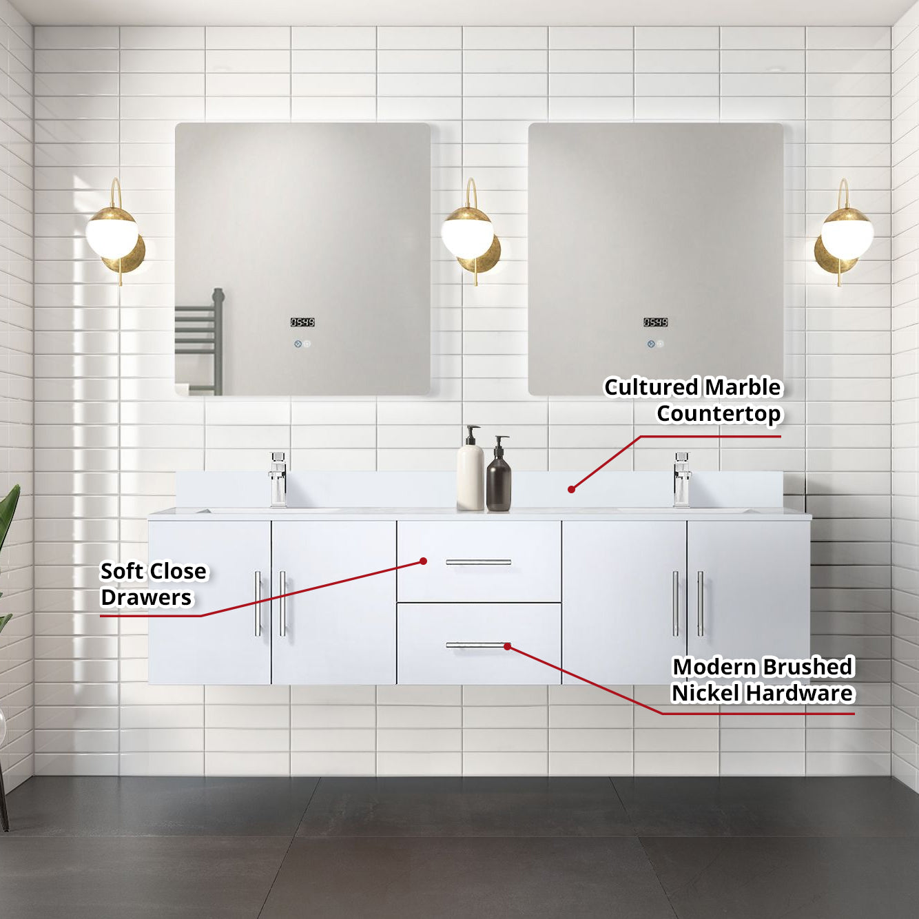 Geneva 72 in. W x 22 in. D Glossy White Double Bath Vanity