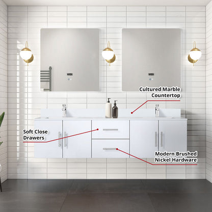 Geneva 72 in. W x 22 in. D Glossy White Double Bath Vanity