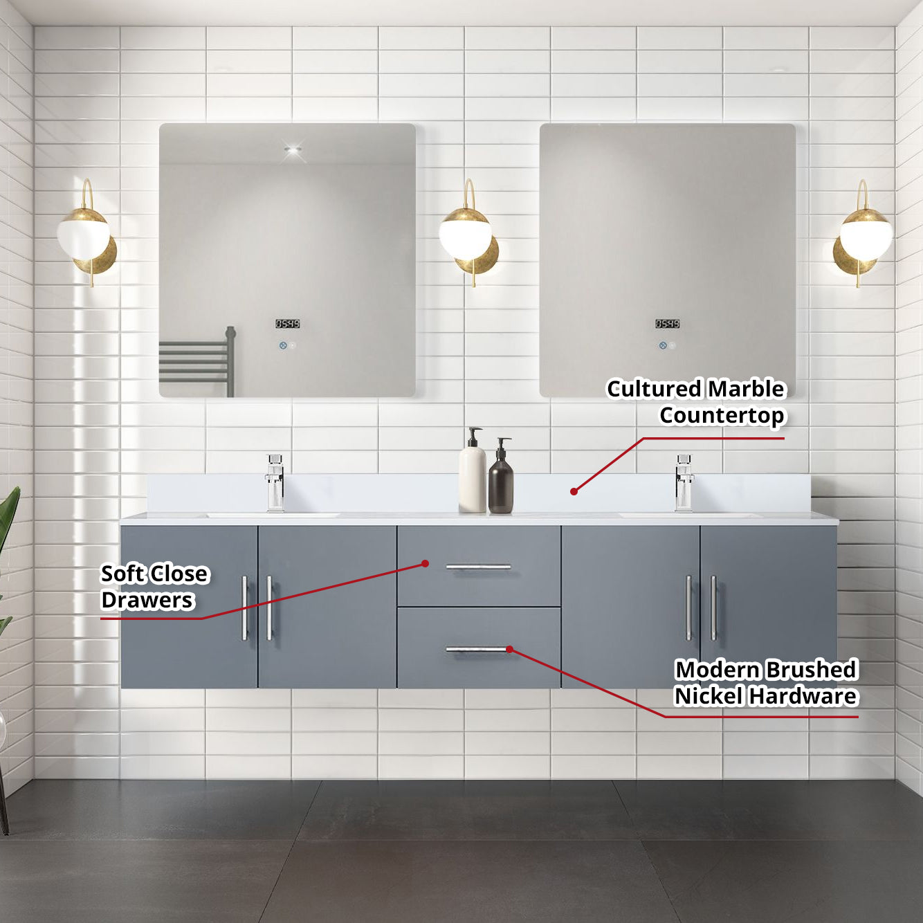 Geneva 80 in. W x 22 in. D Dark Grey Double Bath Vanity