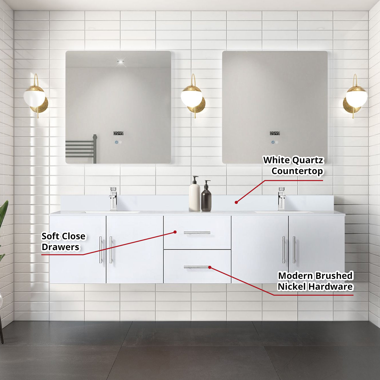 Geneva 80 in. W x 22 in. D Glossy White Double Bath Vanity