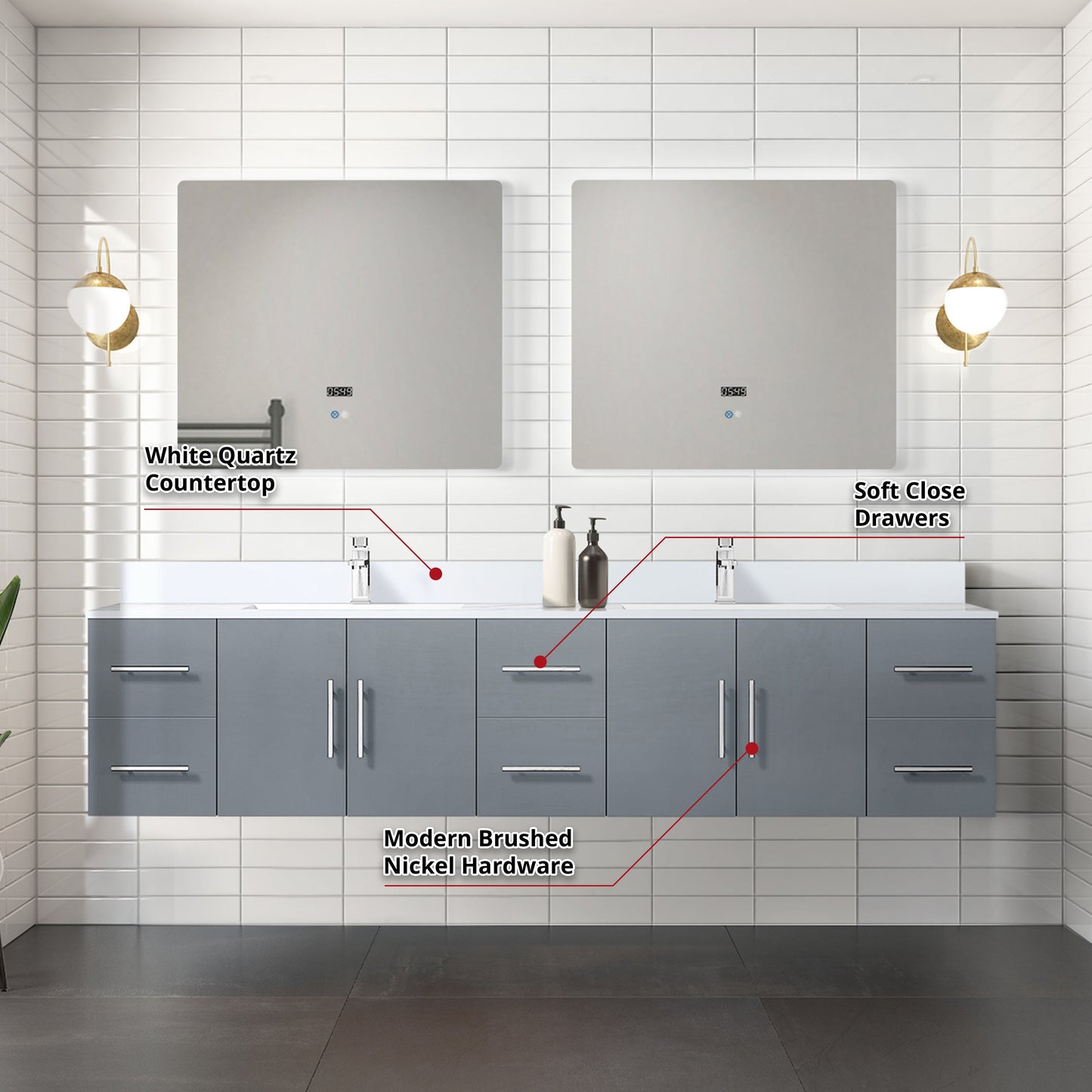 Geneva 84 in. W x 22 in. D Dark Grey Double Bath Vanity