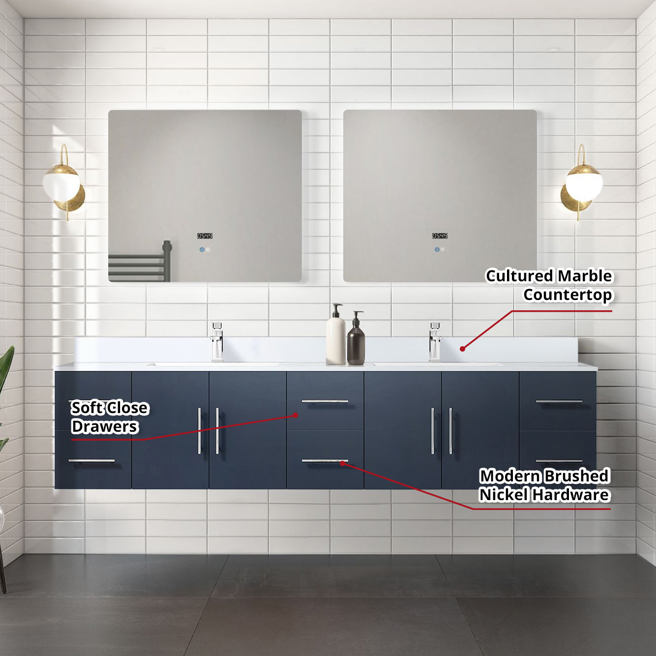 Geneva 84 in. W x 22 in. D Navy Blue Double Bath Vanity