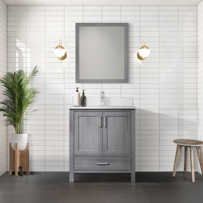 Lexora Jacques 30" Distressed Grey Bathroom Vanity – Solid Wood, Mid-Century Freestanding Storage Cabinet