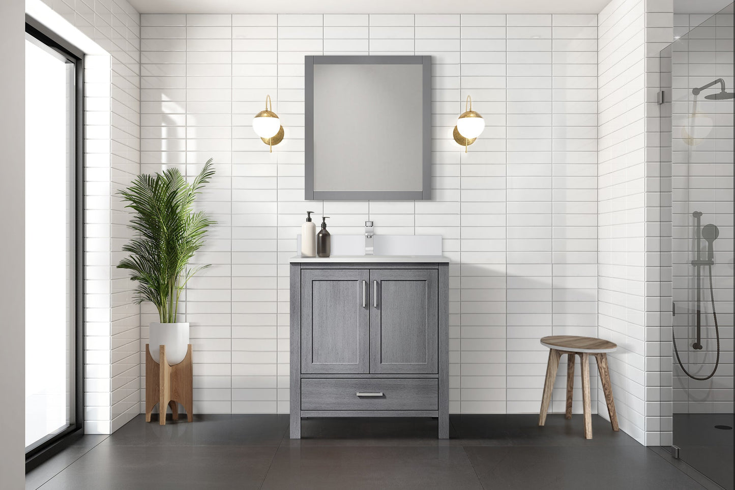Lexora Jacques 30" Distressed Grey Bathroom Vanity – Solid Wood, Mid-Century Freestanding Storage Cabinet