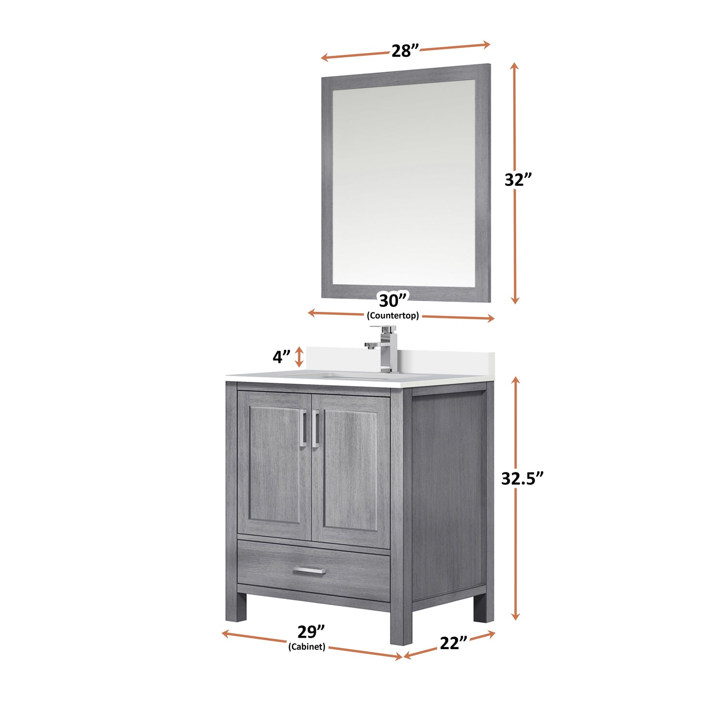 Lexora Jacques 30" Distressed Grey Bathroom Vanity – Solid Wood, Mid-Century Freestanding Storage Cabinet
