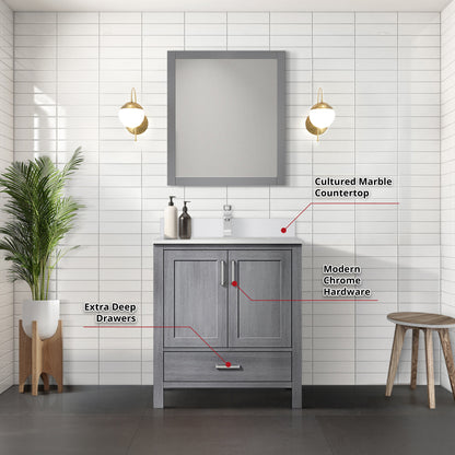 Lexora Jacques 30" Distressed Grey Bathroom Vanity – Solid Wood, Mid-Century Freestanding Storage Cabinet