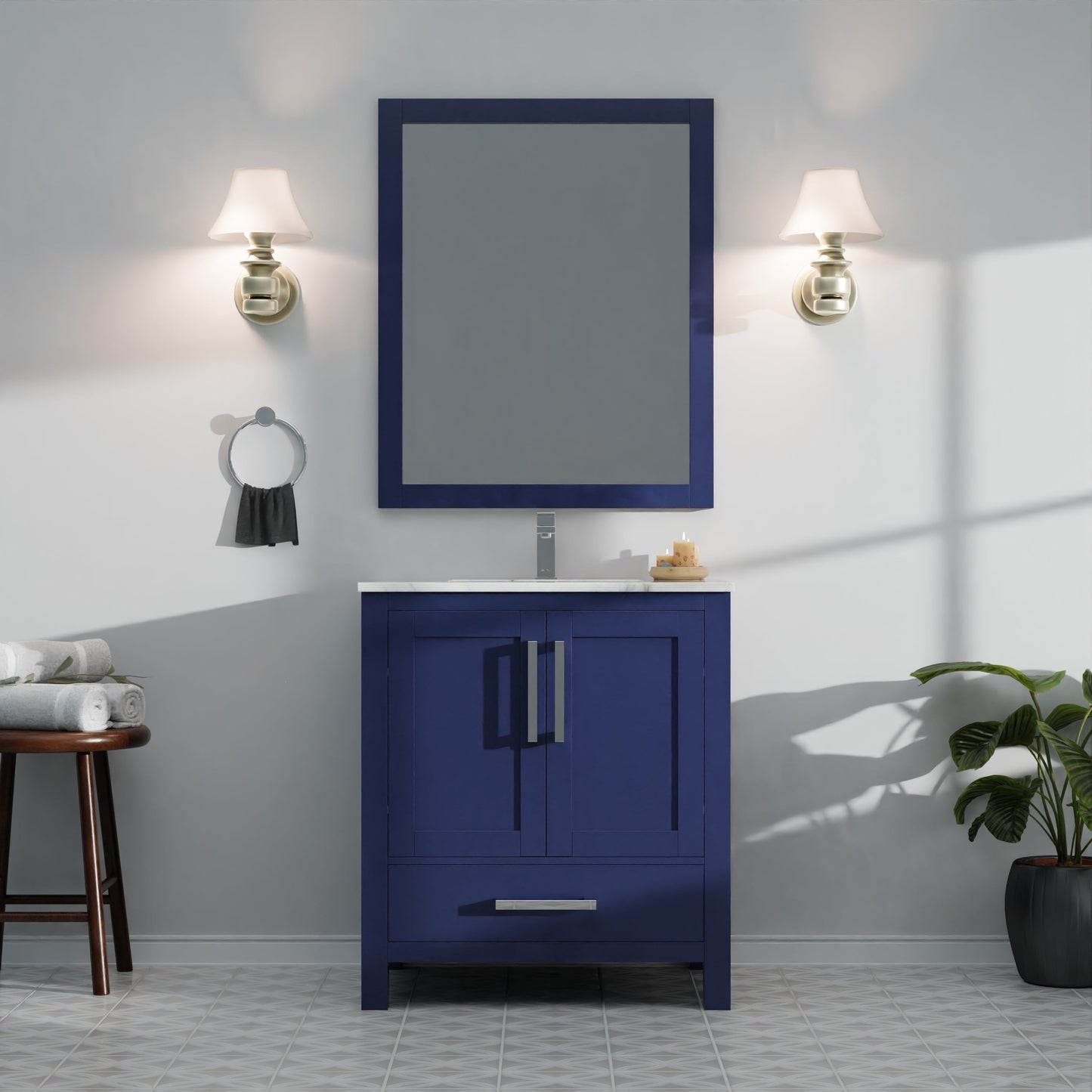 Lexora Jacques 30" Navy Blue Bathroom Vanity | Solid Wood Cabinet