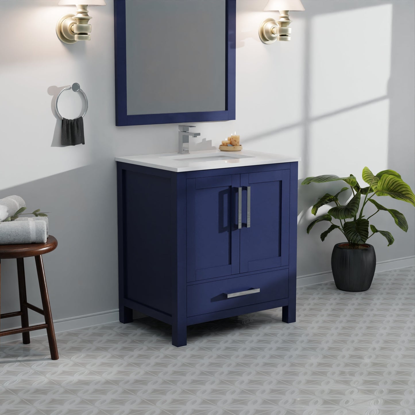Lexora Jacques 30" Navy Blue Bathroom Vanity | Solid Wood Cabinet