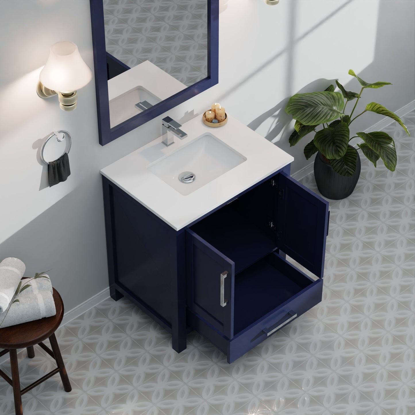 Lexora Jacques 30" Navy Blue Bathroom Vanity | Solid Wood Cabinet
