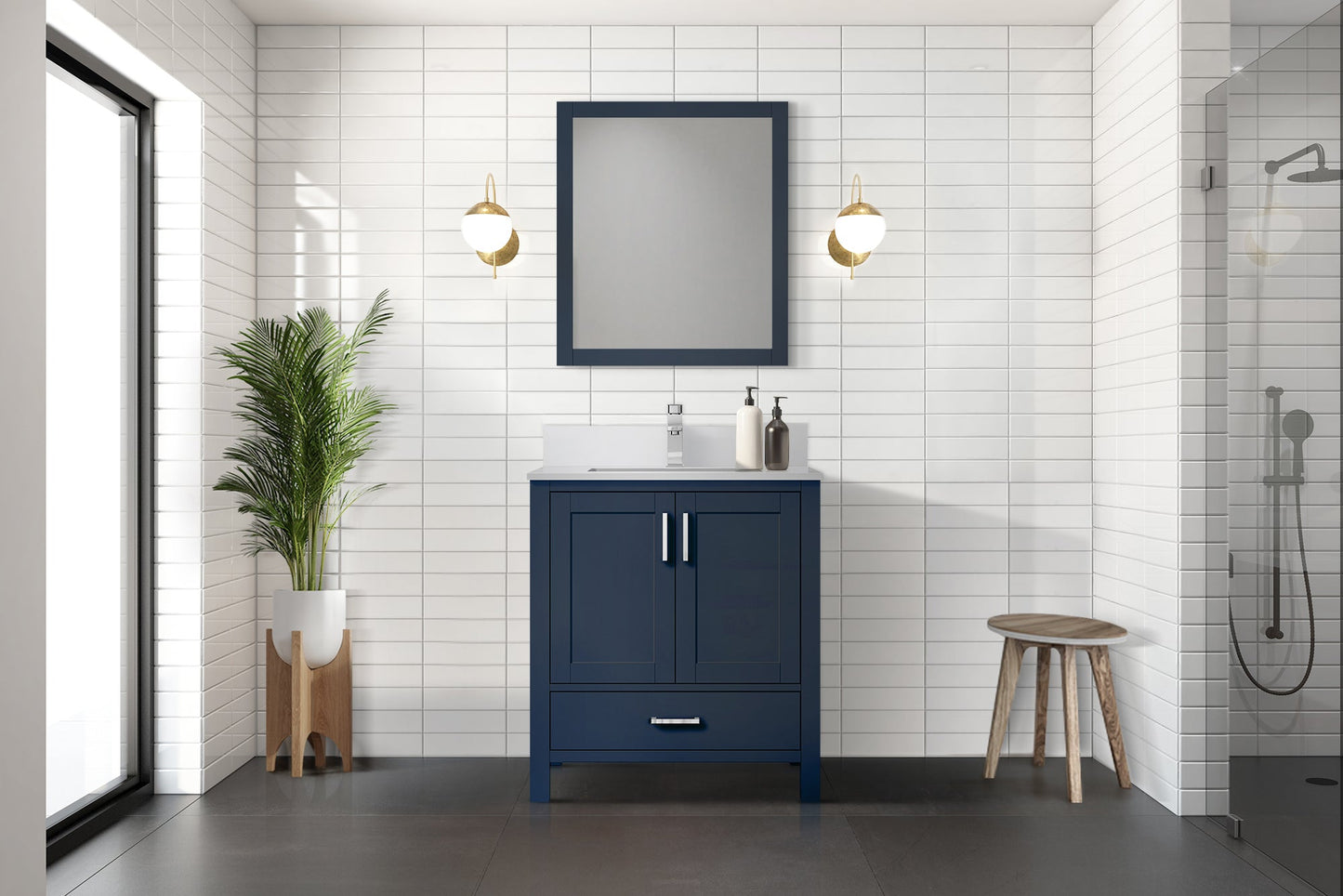 Lexora Jacques 30" Navy Blue Bathroom Vanity | Solid Wood Cabinet