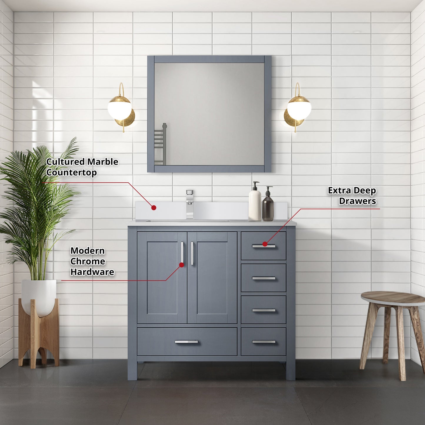 Lexora Jacques 36" Dark Grey Left-Offset Bathroom Vanity | Solid Wood