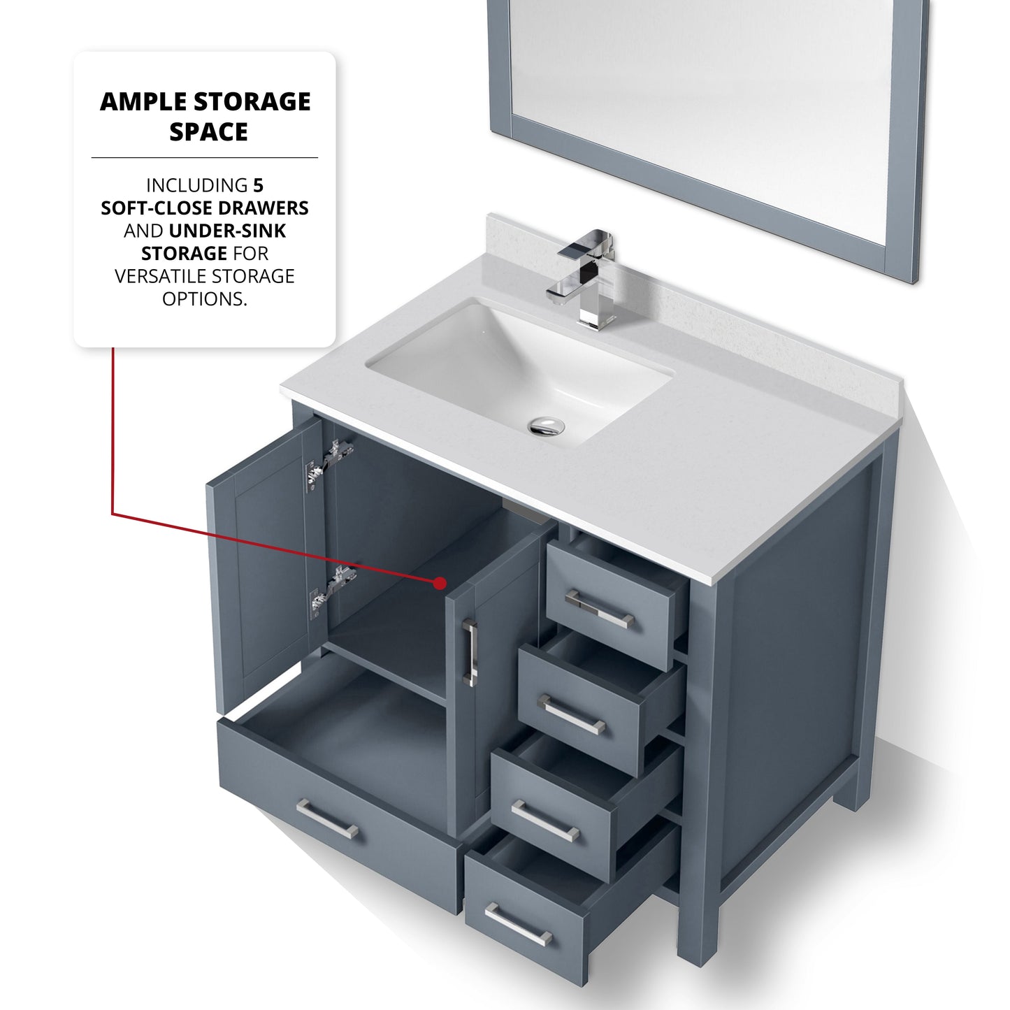 Lexora Jacques 36" Dark Grey Left-Offset Bathroom Vanity | Solid Wood
