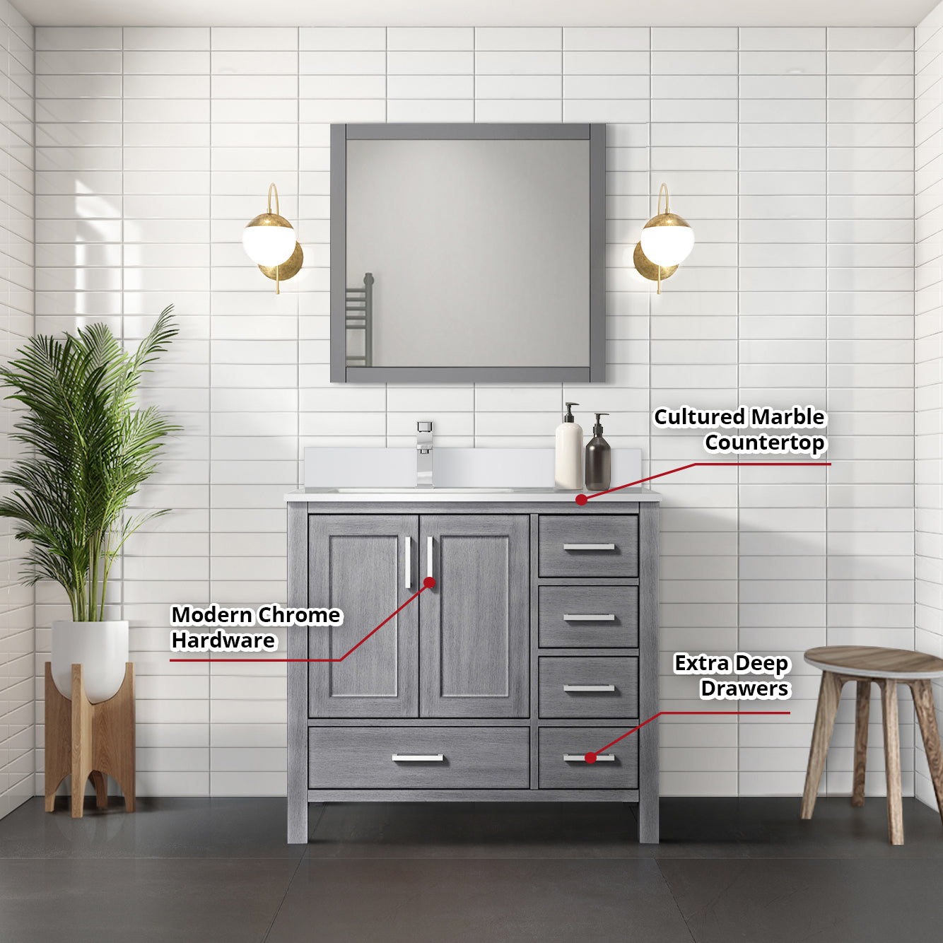Lexora Jacques 36" Distressed Grey Left-Offset Bathroom Vanity