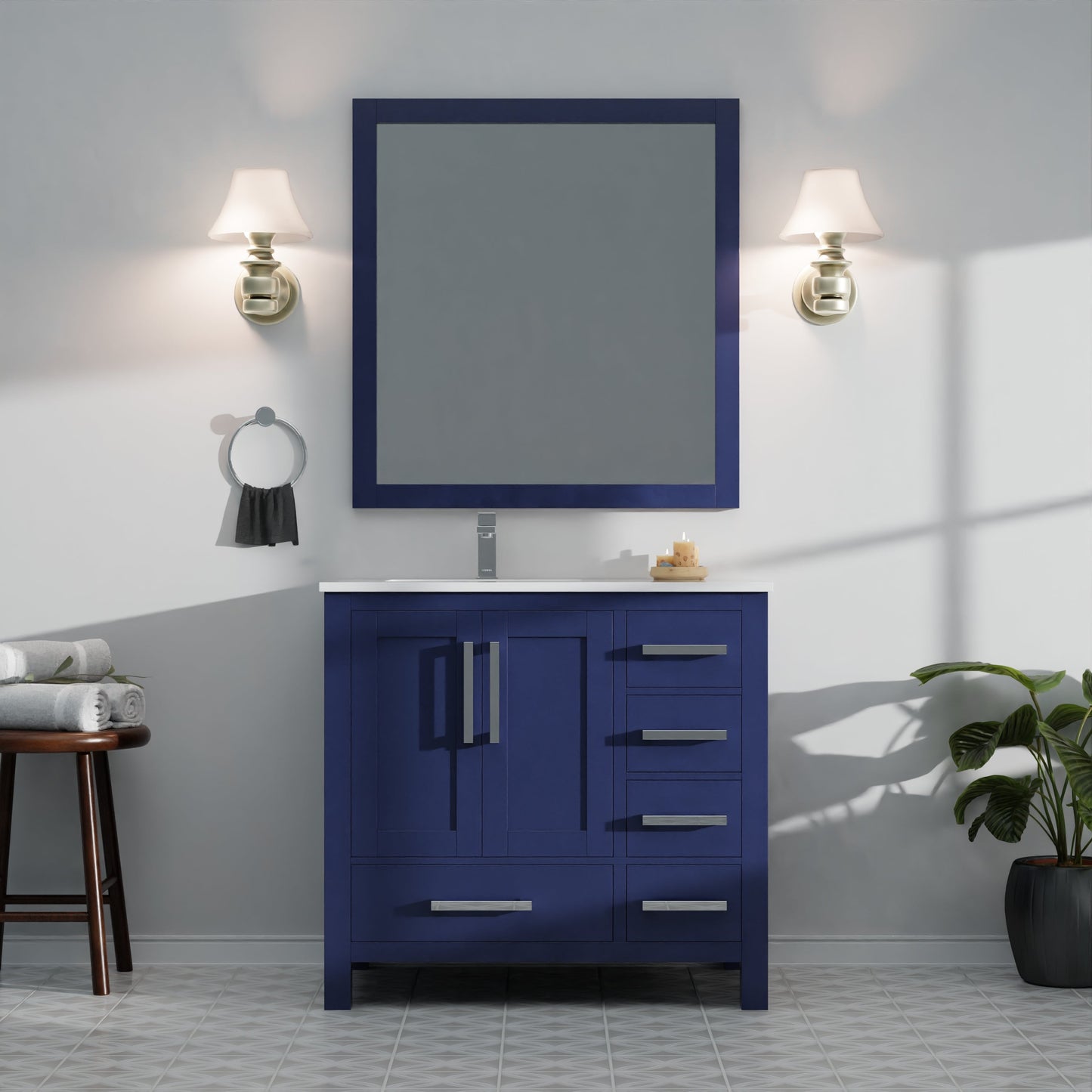 Lexora Jacques 36" Navy Blue Left-Offset Bathroom Vanity
