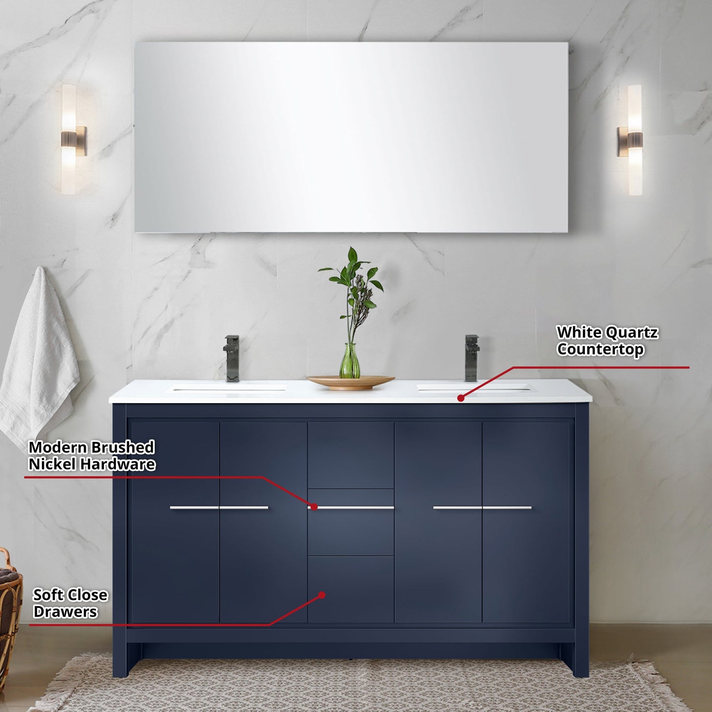 Lafarre 60 in W x 20 in D Navy Blue Double Bath Vanity