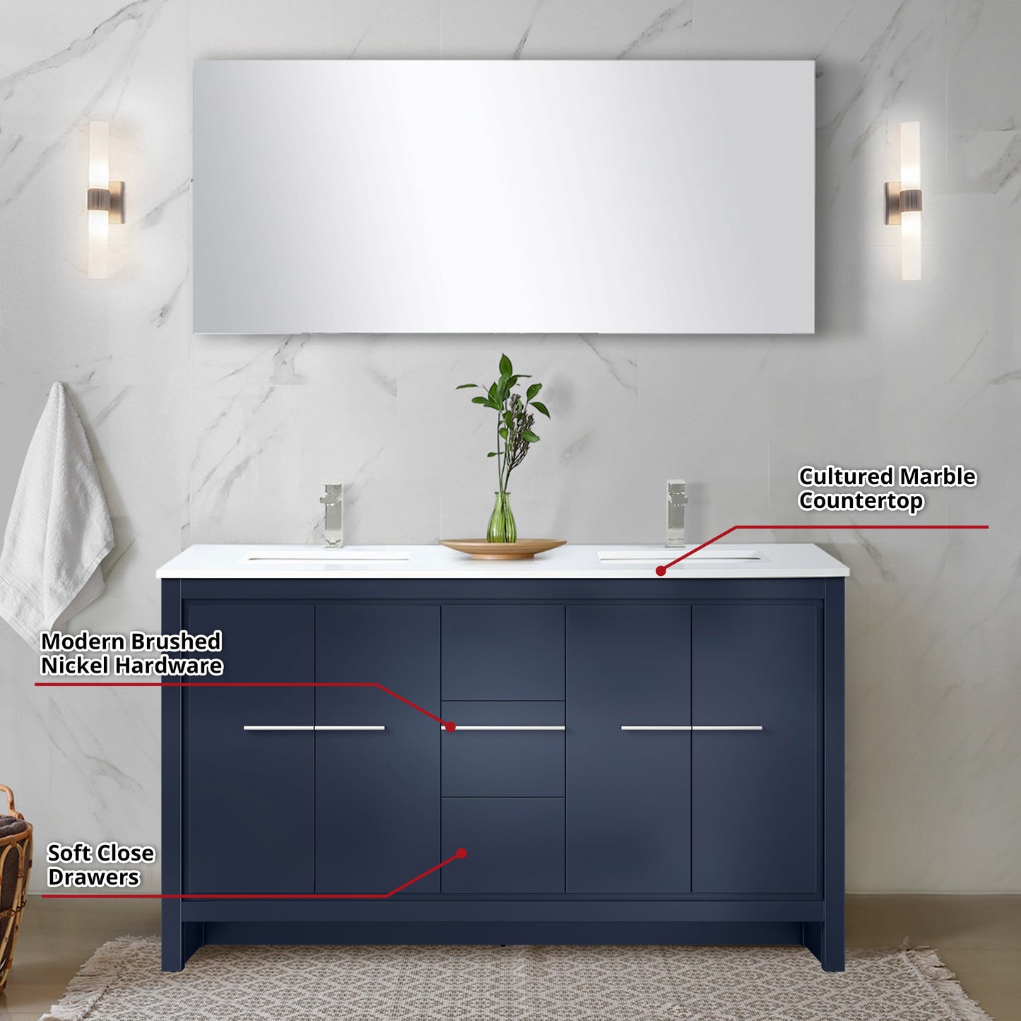 Lafarre 60 in W x 20 in D Navy Blue Double Bath Vanity