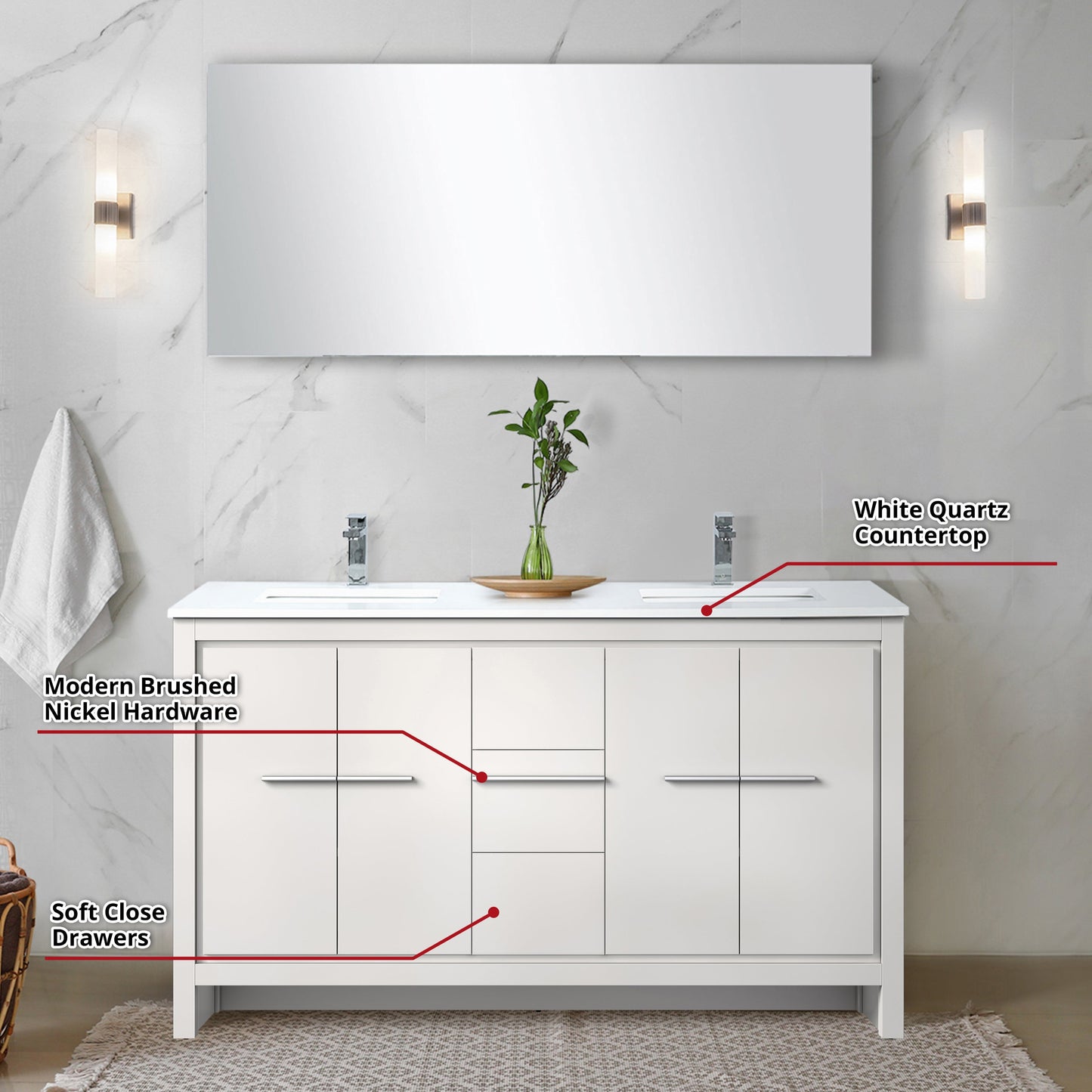 Lafarre 60 in W x 20 in D White Double Bath Vanity