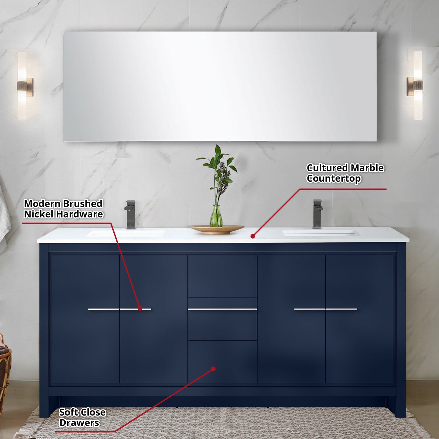 Lafarre 72 in W x 20 in D Navy Blue Double Bath Vanity