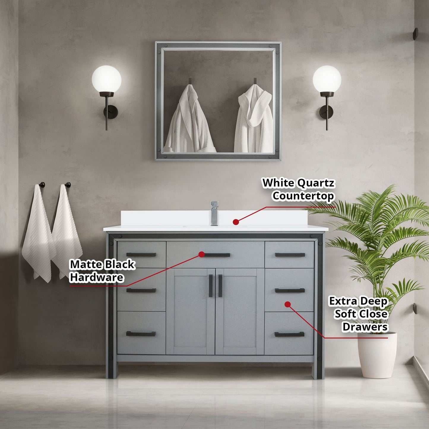 Ziva 48 in W x 22 in D Dark Grey Bath Vanity