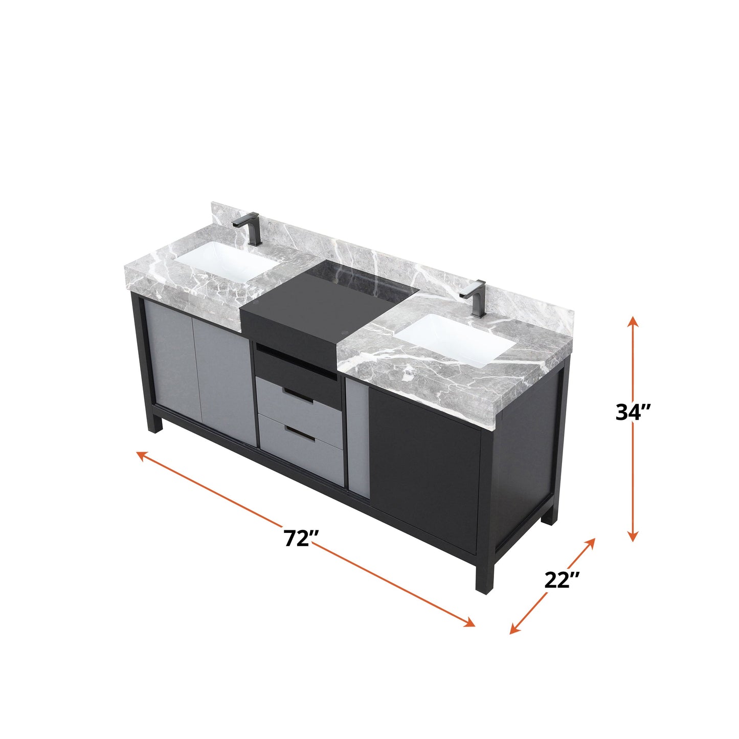 Zilara 72 in W x 22 in D Black and Grey Double Bath Vanity