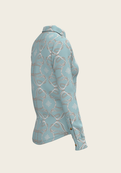 Roped Bridles on Sky Blue Ladies Button Shirt