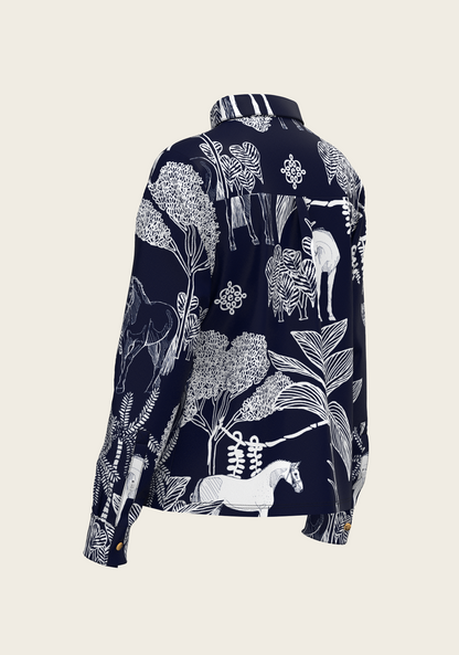  Island Horses on Navy Loose Fitting Button Shirt