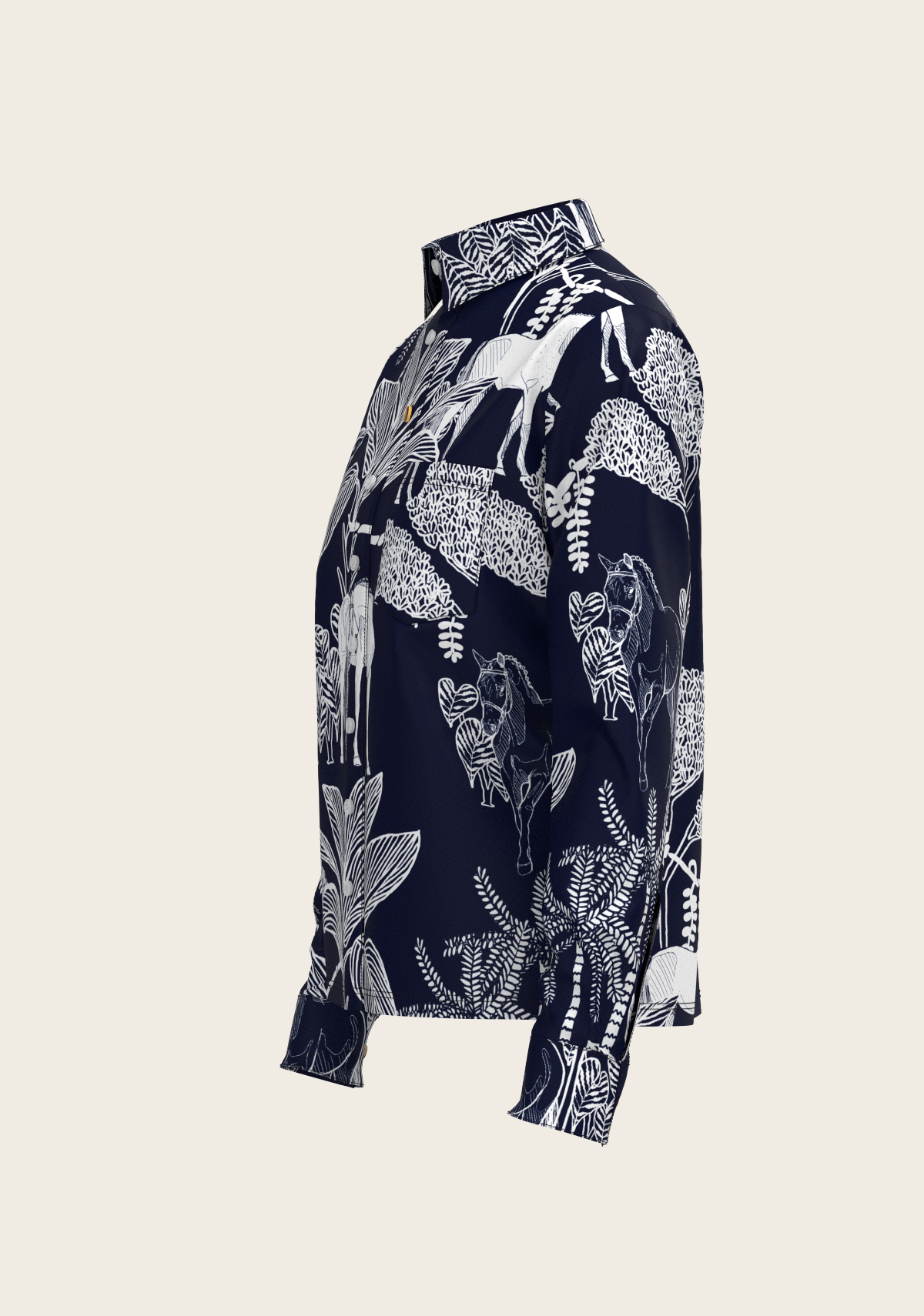  Island Horses on Navy Loose Fitting Button Shirt