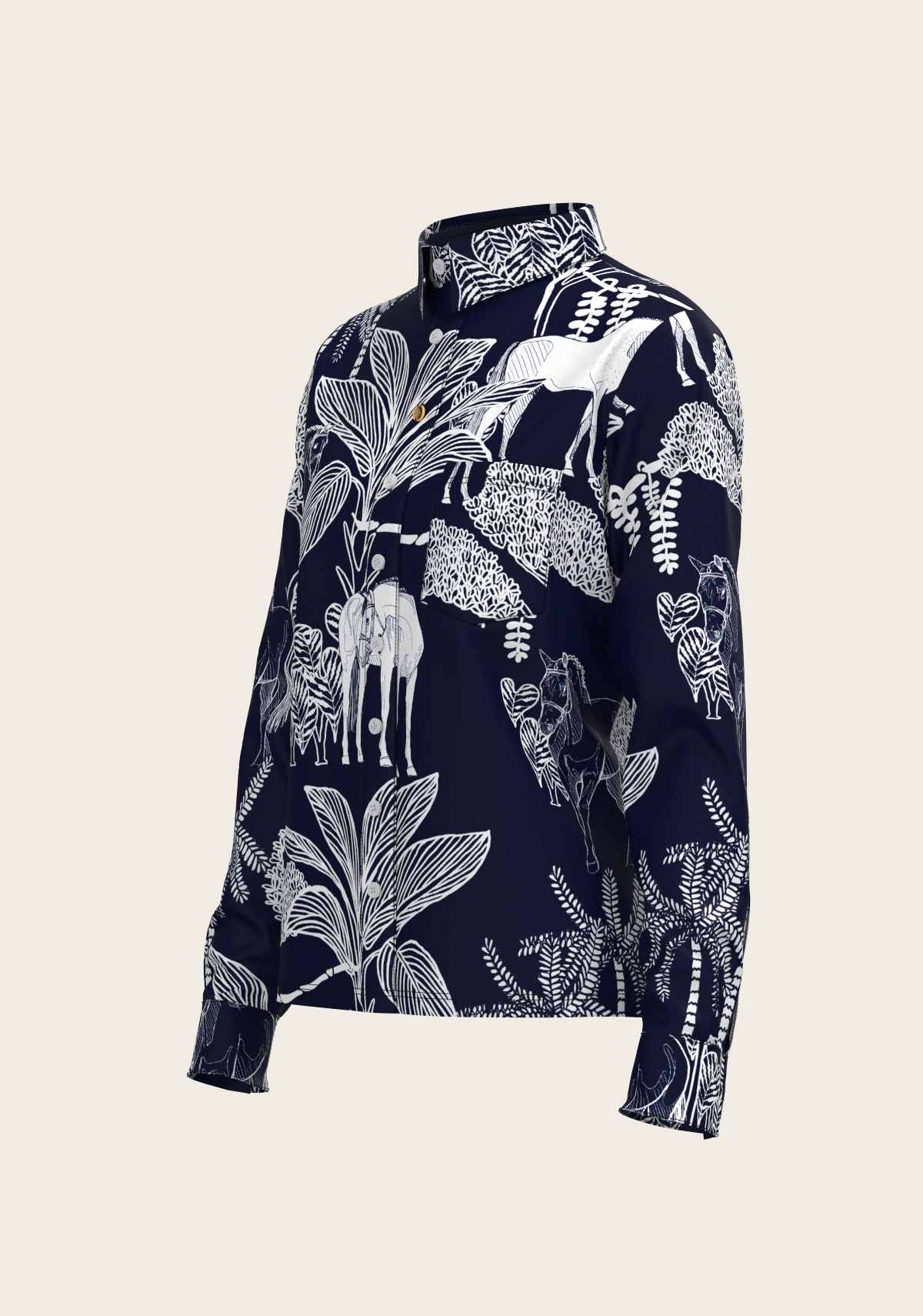  Island Horses on Navy Loose Fitting Button Shirt