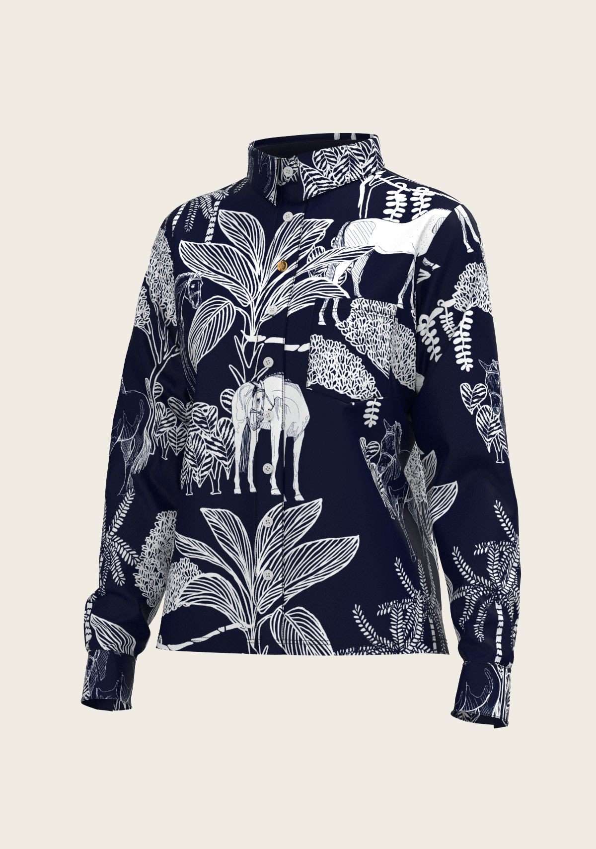  Island Horses on Navy Loose Fitting Button Shirt
