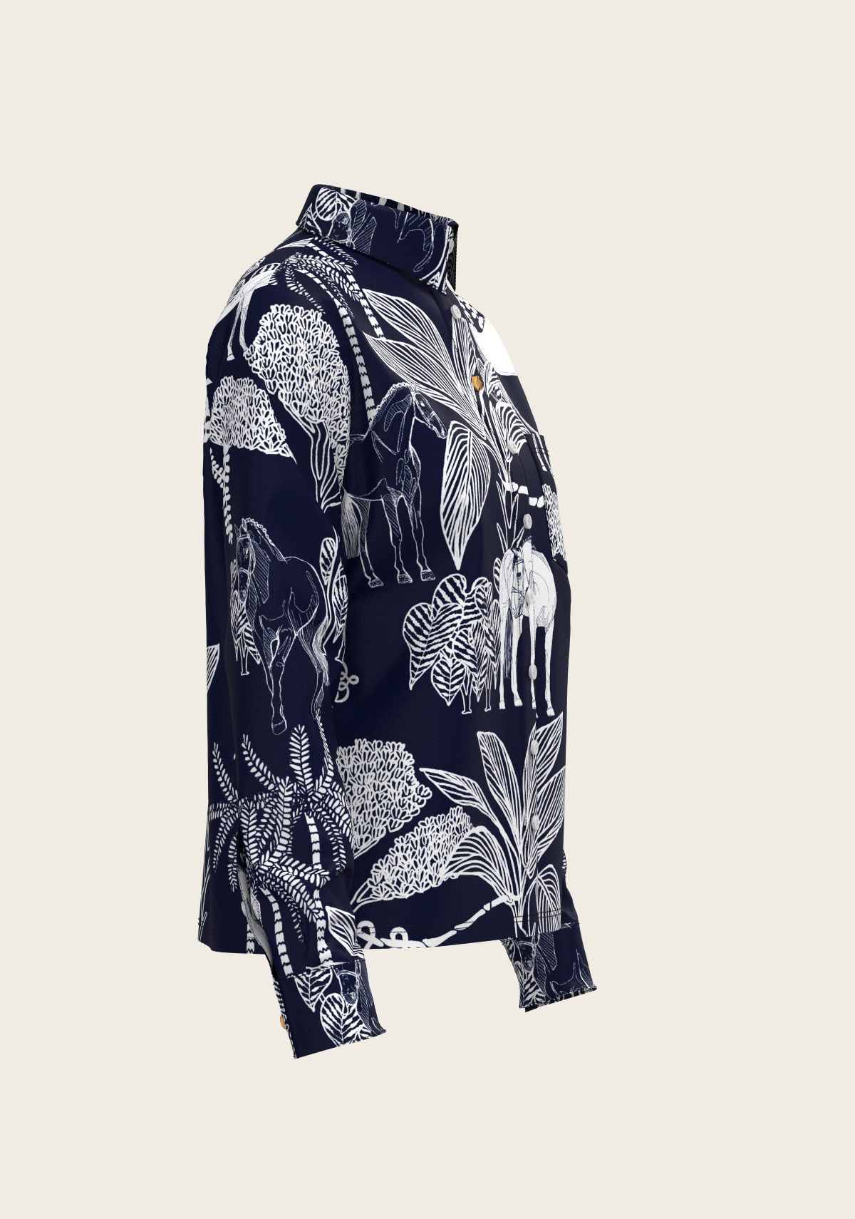  Island Horses on Navy Loose Fitting Button Shirt