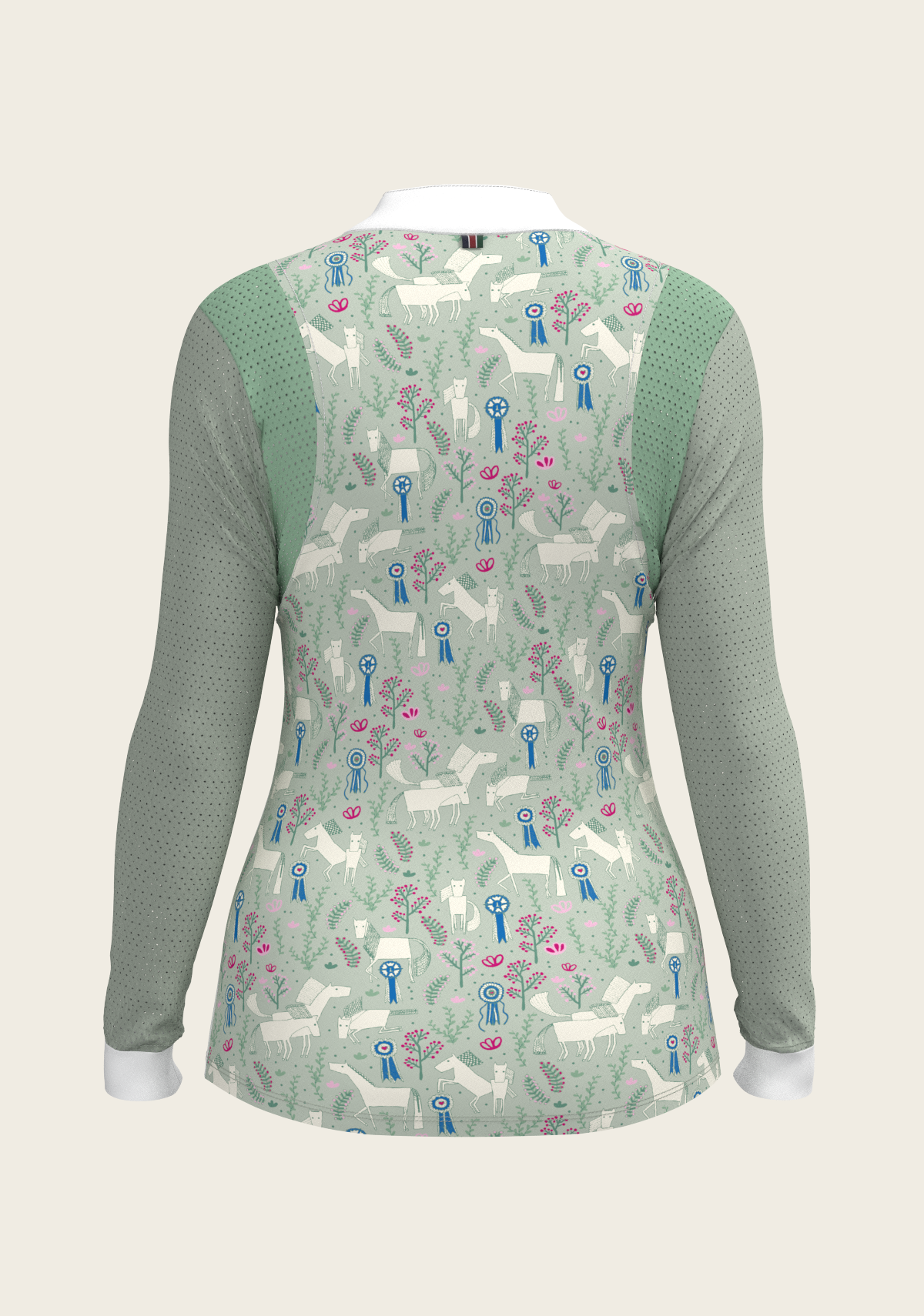  White with Rosettes in Lime Green Long Sleeve Sport Show Shirt