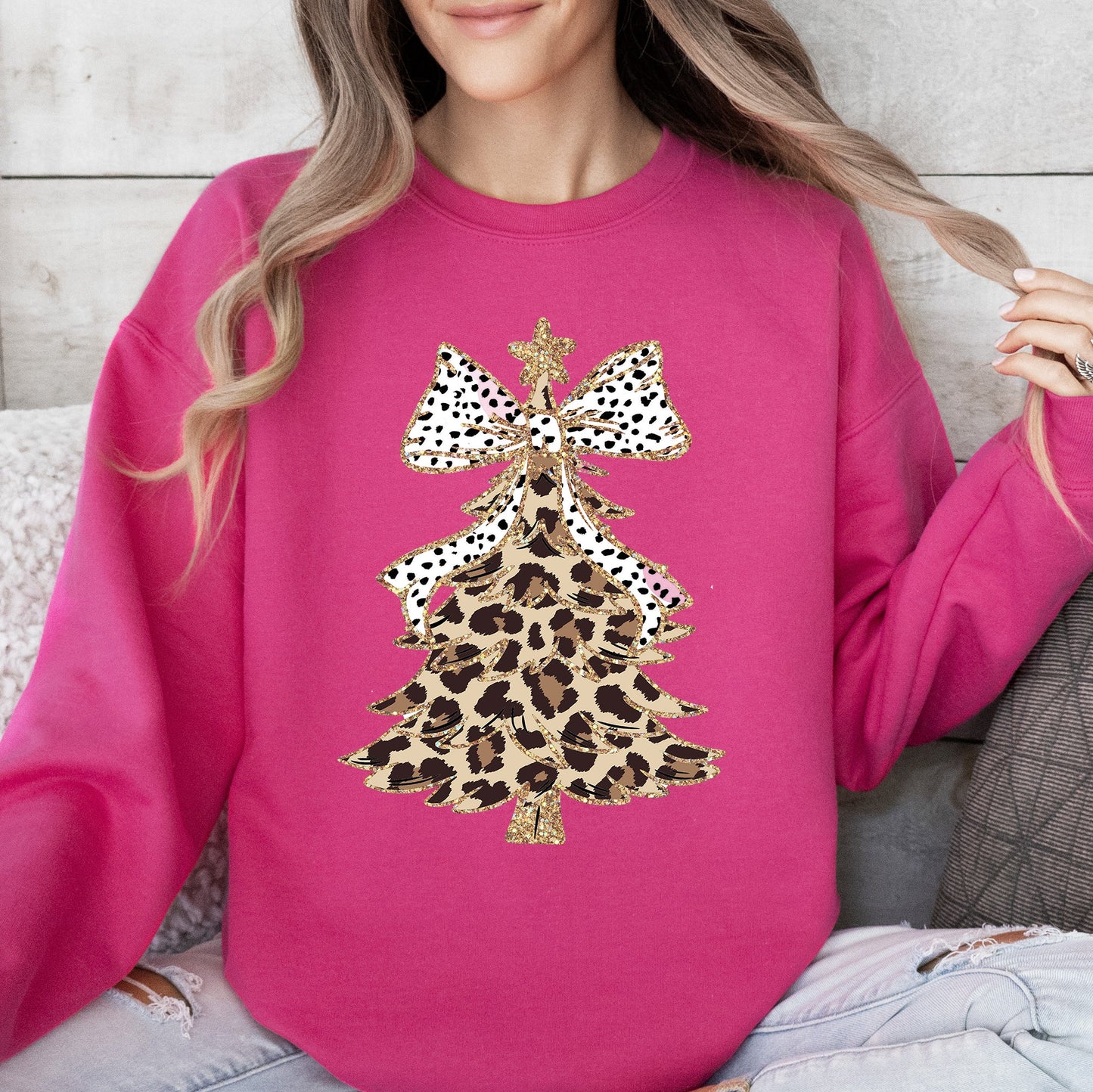 Leopard Print Christmas Tree, Dalmatian Bow, Santa, Cute, Girly Sweatshirt