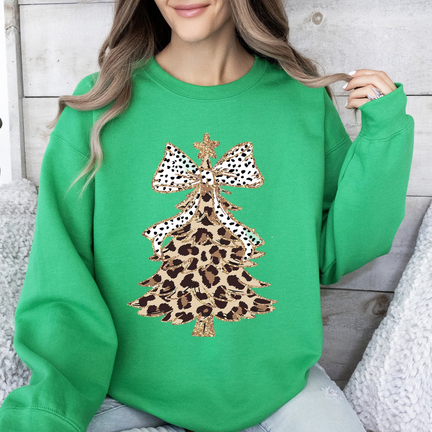 Leopard Print Christmas Tree, Dalmatian Bow, Santa, Cute, Girly Sweatshirt