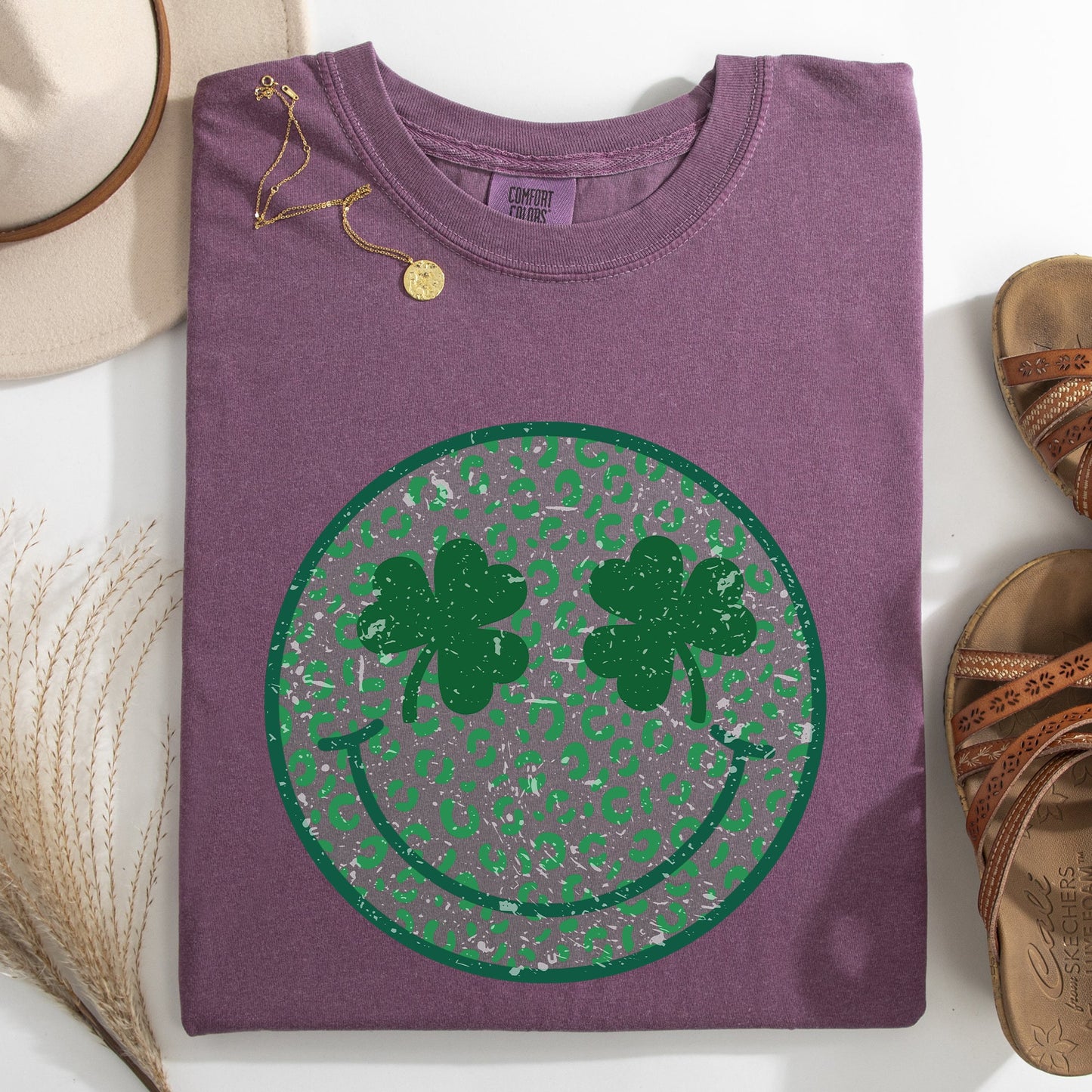 Leopard Print Smiley, Retro, St Patrick's Day, Shamrock, Clover, Lucky, Leprechaun Tshirt Comfort Colors T-Shirt