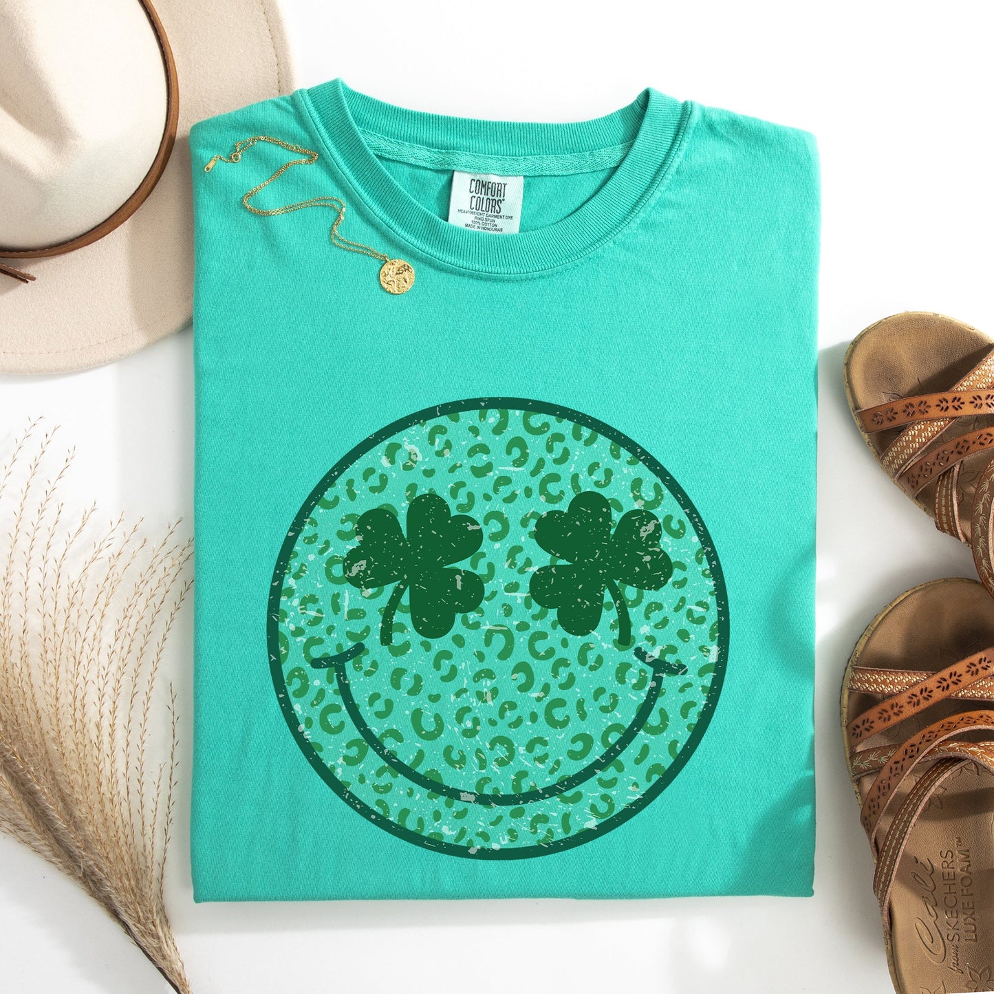 Leopard Print Smiley, Retro, St Patrick's Day, Shamrock, Clover, Lucky, Leprechaun Tshirt Comfort Colors T-Shirt